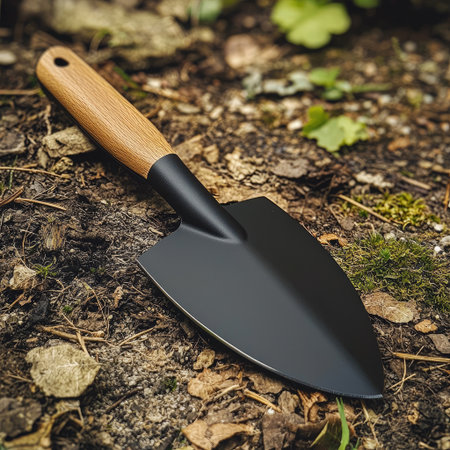 A new hoe with a matte black steel blade and a smooth oak handle.の素材