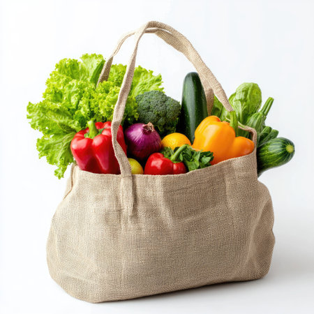 An eco-friendly cloth grocery bag, slightly open with fresh vegetables inside, isolated on white background.の素材