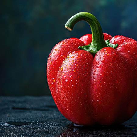 A close-up of a fresh red pepper with water droplets on its surface.の素材