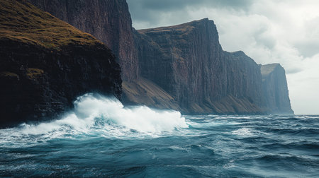 A vast ocean with powerful waves crashing against rugged cliffs, creating a dramatic scene.の素材