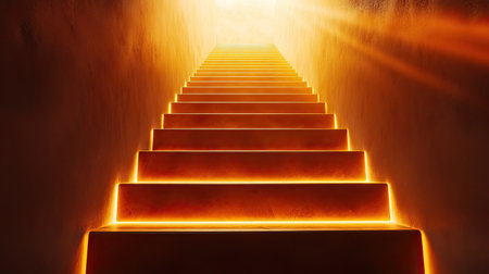 A staircase of golden blocks leading to an illuminated doorway of success.の素材