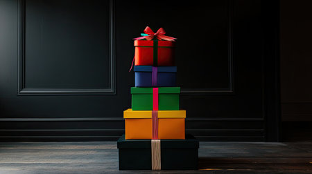 A stack of colorful gift boxes tied with elegant ribbons, symbolizing a festive and joyful occasion.の素材
