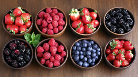A selection of fresh berries, including strawberries, blueberries, raspberries, and blackberries, arranged in bowls on a wooden background.の素材