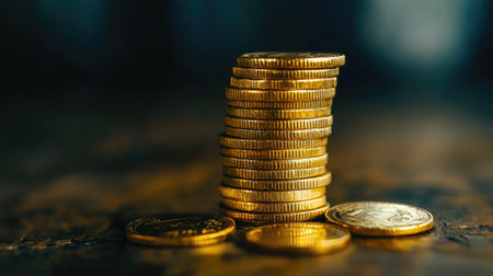 A stack of golden coins neatly arranged in ascending order, symbolizing continuous financial growth.の素材