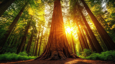 A towering redwood tree standing tall in an ancient forest, symbolizing supremacy.の素材
