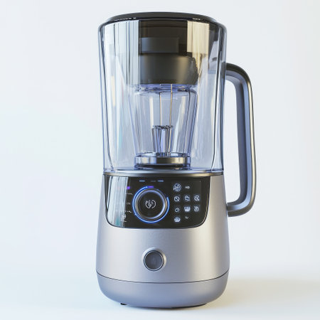 A futuristic smart blender with a touchscreen control panel, isolated on a white background.の素材