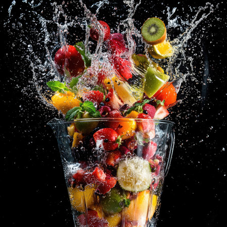 A blender with a fruit explosion effect, illustrating fresh juice and smoothie making.の素材