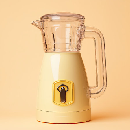 A blender with a child safety lock symbol, promoting safe kitchen appliance use.の素材
