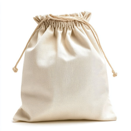 A drawstring cotton bag, neatly folded with its rope closure visible, ideal for storage and zero-waste lifestyle, isolated on a white background.の素材