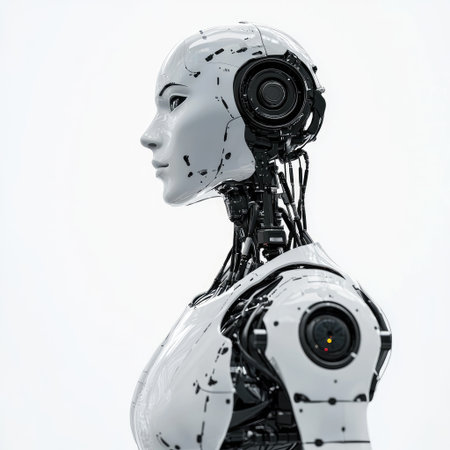 A robotic AI assistant with a smooth, futuristic body, isolated on a white background, symbolizing smart interactions.の素材