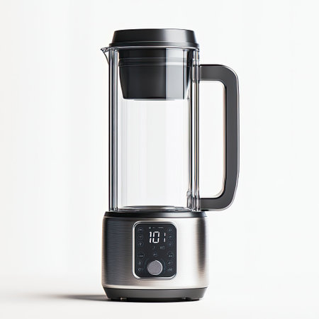 A sleek stainless steel blender with a digital display, isolated on a white background.の素材