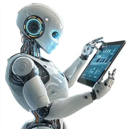 A humanoid robot interacting with a touch screen, isolated on a white background, illustrating AI-based interfaces.の素材