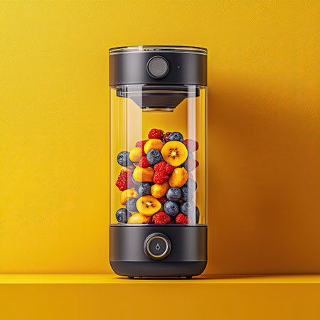 A modern electric blender with a transparent jar filled with mixed fruit, ready for blending.の素材