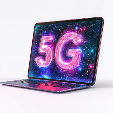 A laptop with G connectivity symbol displayed, isolated on a white background, highlighting next-gen internet speeds.の素材