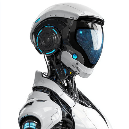 A robot police assistant with a digital screen face, isolated on a white background, representing AI in law enforcement.の素材