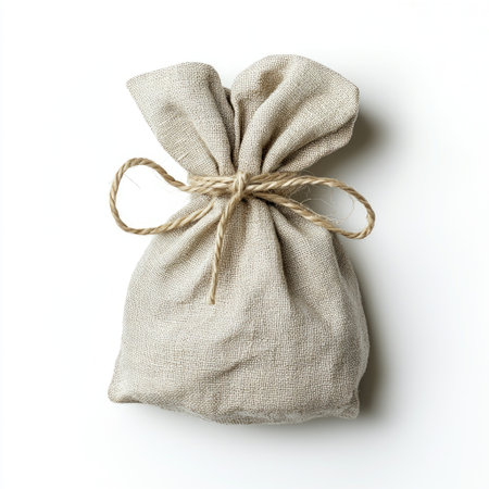 Linen drawstring gift bag, neatly tied with a string, isolated on a white background, symbolizing sustainable gift-wrapping.の素材