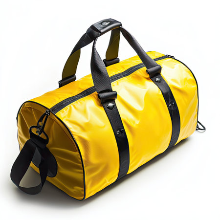 A bright yellow duffel bag with black accents, isolated on a white background, adding a pop of color to travel gear.の素材