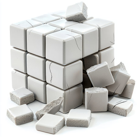 A D cube being deconstructed into individual pieces, isolated on a white background for emphasisの素材