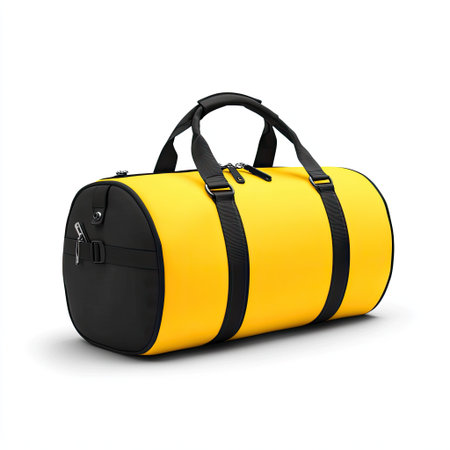 A bright yellow duffel bag with black accents, isolated on a white background, adding a pop of color to travel gear.の素材