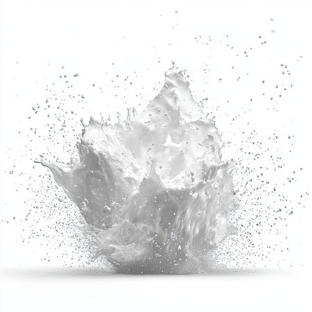 A burst of water droplets exploding outward, frozen in mid-air on a white background for a dynamic special effectの素材
