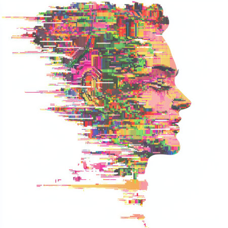 A digital glitch effect with distorted pixels, isolated on a white background for a tech-inspired special effectの素材