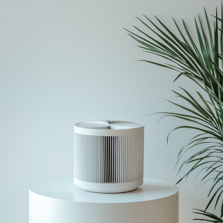 A compact home air filter unit placed on a white table, demonstrating its functionality in purifying air, isolated on whiteの素材