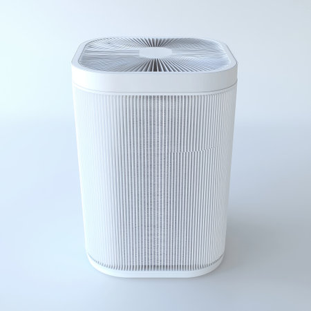 A new air filter for a home air purifier unit placed on a white background, demonstrating its clean and fresh designの素材