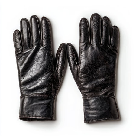 A pair of black leather gloves with soft, smooth texture, isolated on a white background to highlight fashion and function.の素材