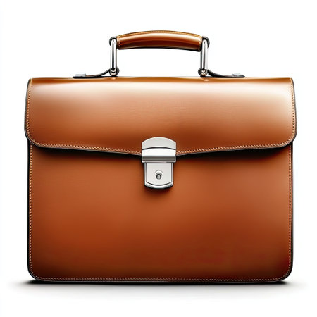 A polished leather briefcase with sleek, professional lines, isolated on a white background for executive fashion accessories.の素材