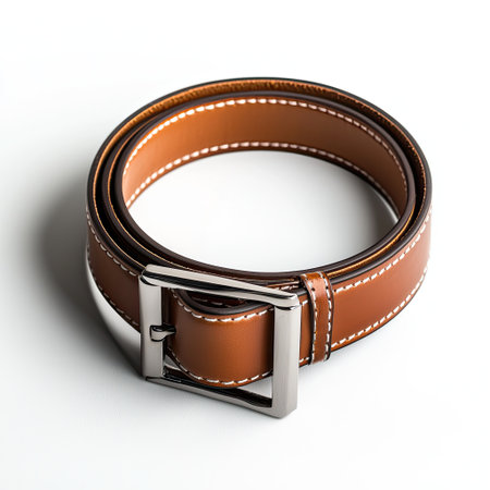 A polished brown leather belt with a classic buckle, isolated on a white background for stylish wardrobe essentials.の素材