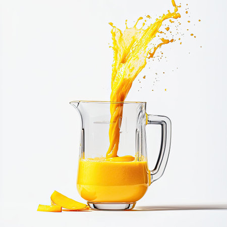 Beverage blender on a white background, mixing fresh mango and orange juice into a tropical smoothieの素材