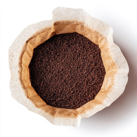 A single coffee filter filled with ground coffee, isolated on a white background, showing the brewing processの素材