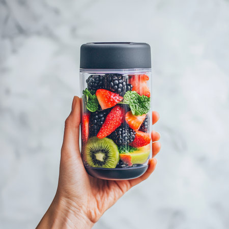 Hand holding a compact portable blender with colorful fruits in the background, isolated on a clean white surfaceの素材