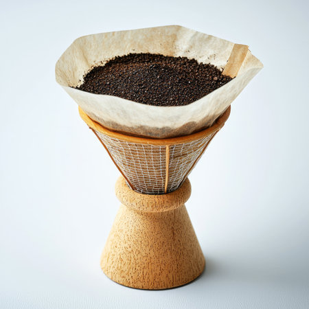 A used coffee filter with coffee grounds inside, placed on a white background for emphasisの素材
