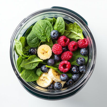 Top view of a portable blender filled with smoothie ingredients like spinach, banana, and berries, isolated on whiteの素材