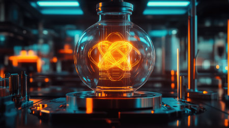 Close-up of a quantum processing unit inside a futuristic lab, with glowing elements and digital elements around.の素材