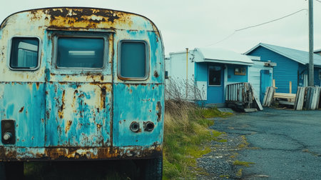 A faded, rusted steel surface with traces of peeling paint, showing years of exposure to the elements, creating a vintage industrial look.の素材