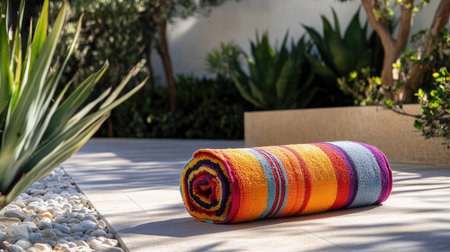 A rolled-up beach towel with colorful stripes resting on a sunlit patio, surrounded by space for adding design elements or branding content.の素材