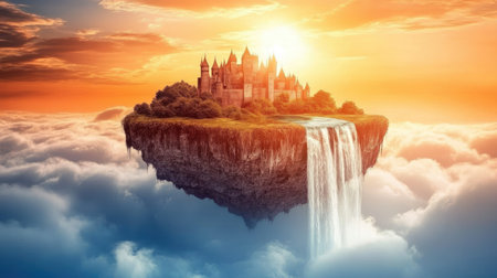 A floating castle above a sea of clouds, golden sunlight illuminating its high towers and waterfalls cascading from the edges.の素材