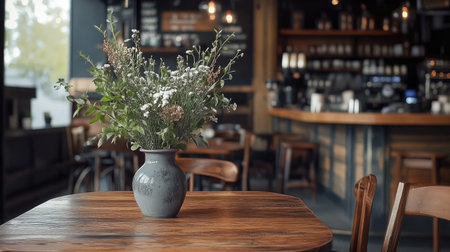 A small vase with fresh flowers on a coffee shop table, surrounded by wooden decor and ambient lighting.の素材