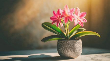 A simple Feng Shui home entryway with fresh flowers, a small plant, and an inviting atmosphere.の素材
