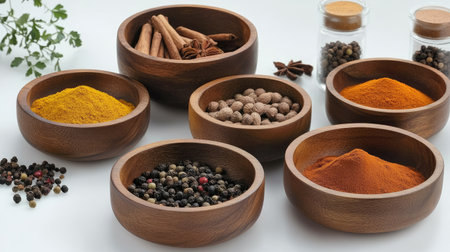 Organic spices and seasonings, such as turmeric, cinnamon, peppercorns, and paprika, displayed in wooden bowls.の素材