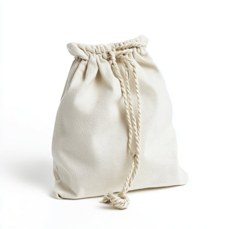 Organic cotton drawstring pouch, tightly closed with a rope tie, isolated on white background, ideal for small gifts or storage.の素材