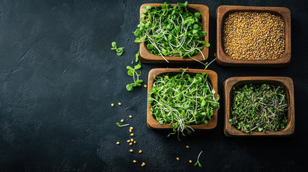 Organic sprouted grains and microgreens in small wooden bowls, displayed on a dark background.の素材