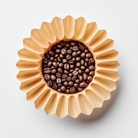 A coffee filter with a few beans of coffee inside, sitting on a white background, isolated for clarityの素材