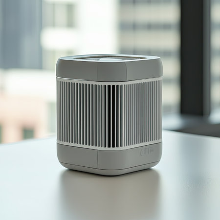 A compact home air filter unit placed on a white table, demonstrating its functionality in purifying air, isolated on whiteの素材