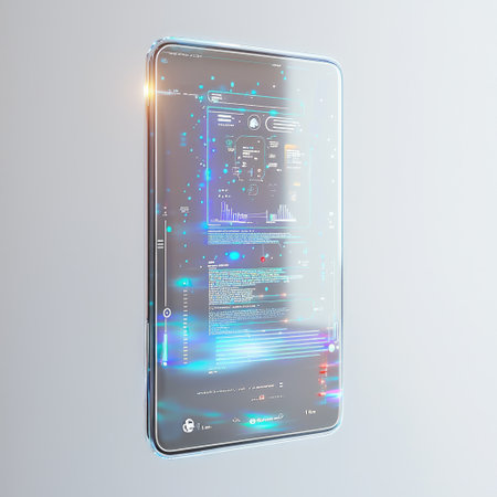 A floating digital screen interface with holographic elements, isolated on white, showcasing a futuristic designの素材