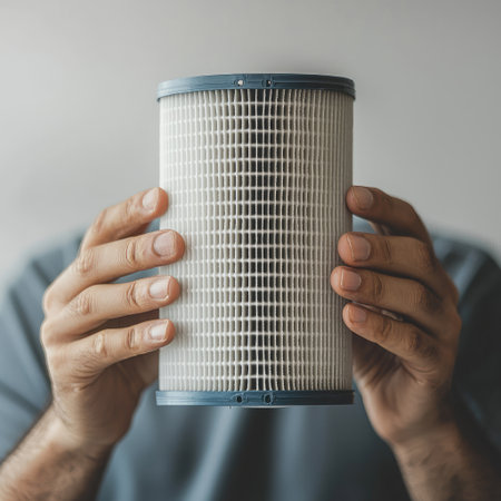 A person holding a new air filter cartridge in their hands, ready to install it into an air purifier unit, isolated on whiteの素材