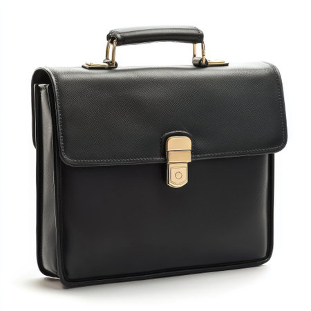 A stylish black document bag with a front flap and gold accents, isolated on a white background for an elegant touch.の素材