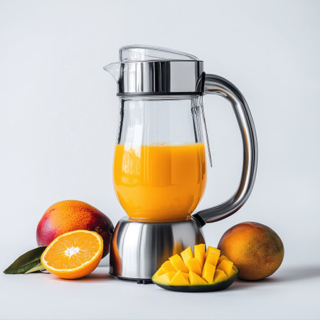 Tabletop blender on a white background with fresh orange and mango slices ready for blendingの素材